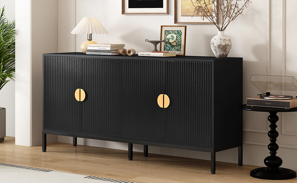Exquisite Vertical-Striped Four-Door Sideboard - Black