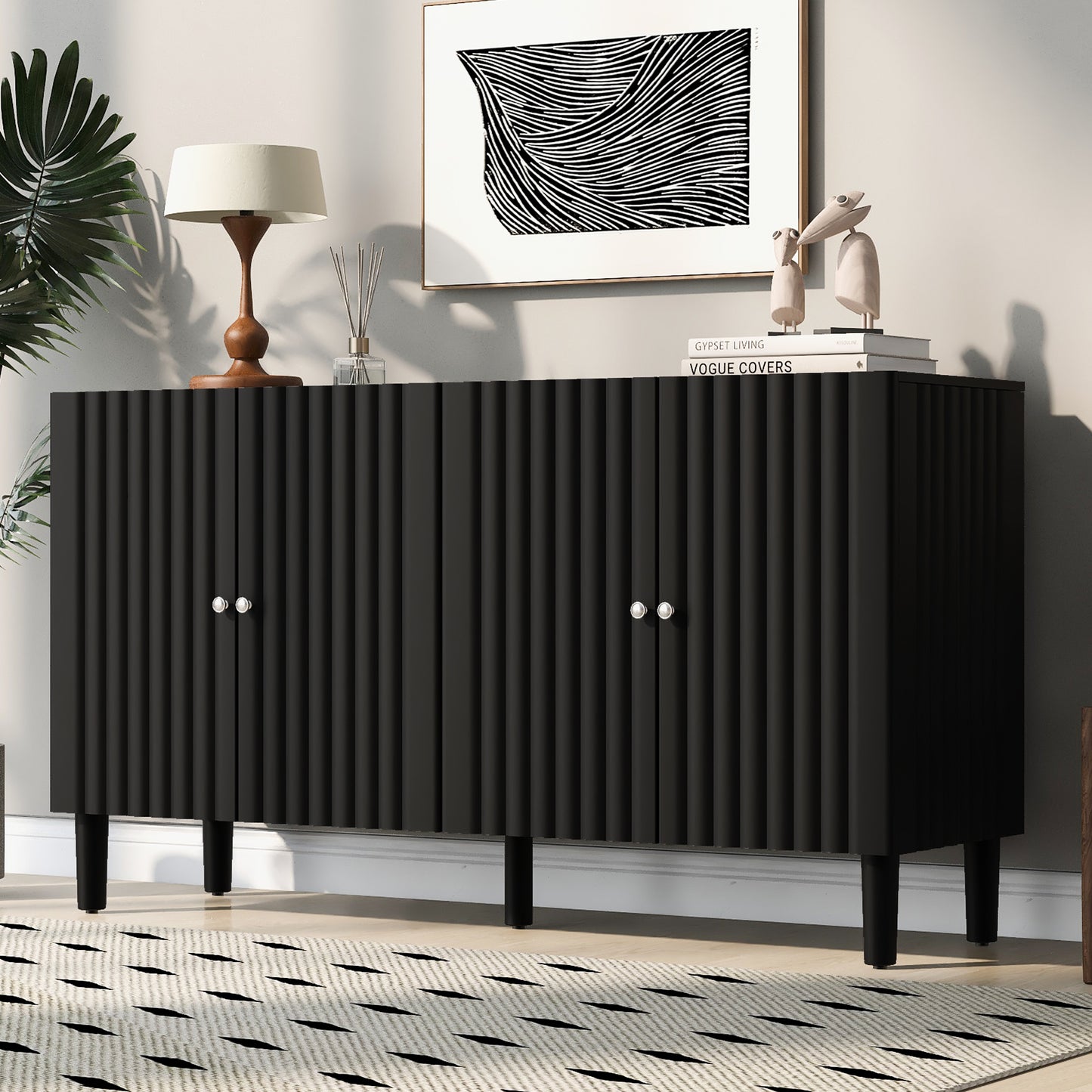 Butler Wavy Pattern Doors Sideboard Buffet - Black