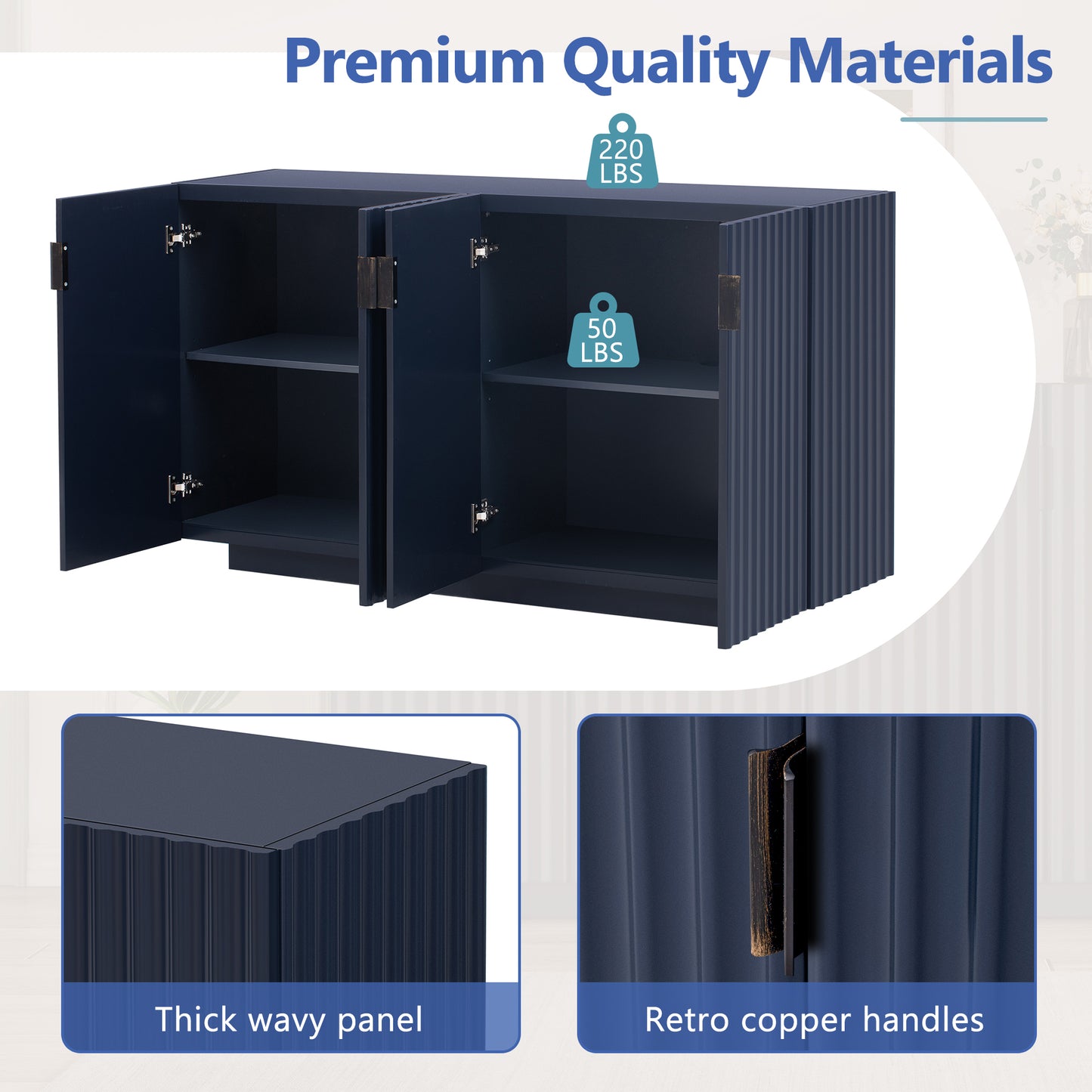 Lyons 4 Wavy Doors Ample Storage Space Sideboar - Navy Blue