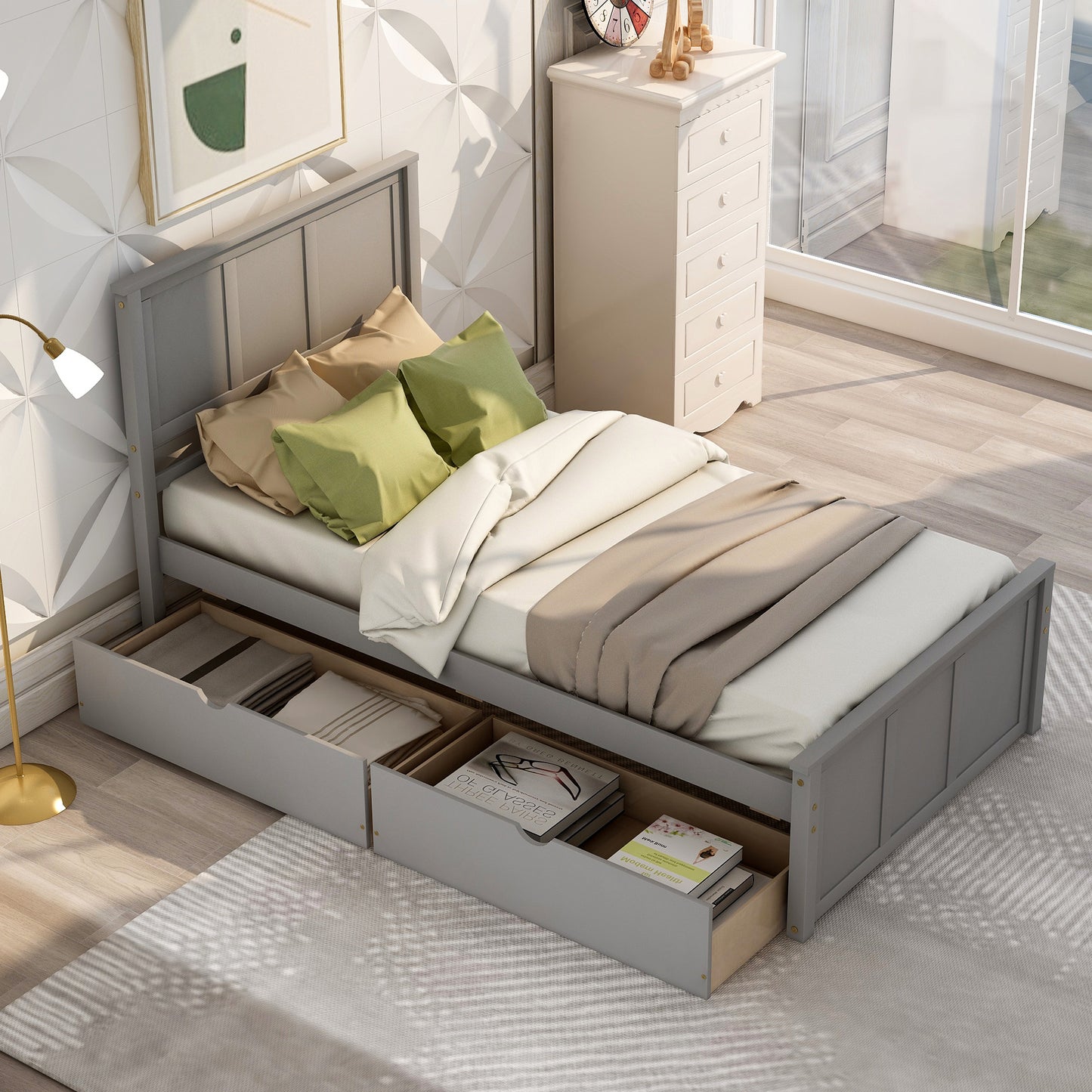 Iso Twin Size Platform Bed with 2 under-bed drawers - Gray