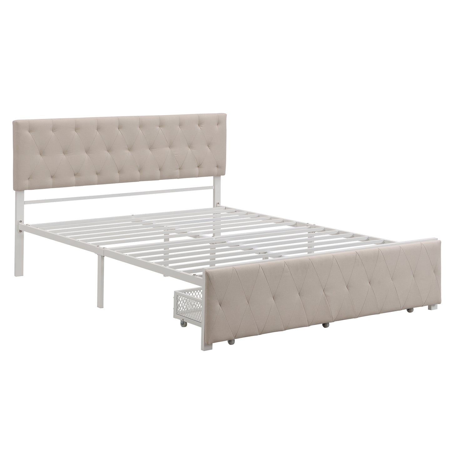 Apex Queen Size Storage Bed Metal Platform Bed with Drawer - Beige