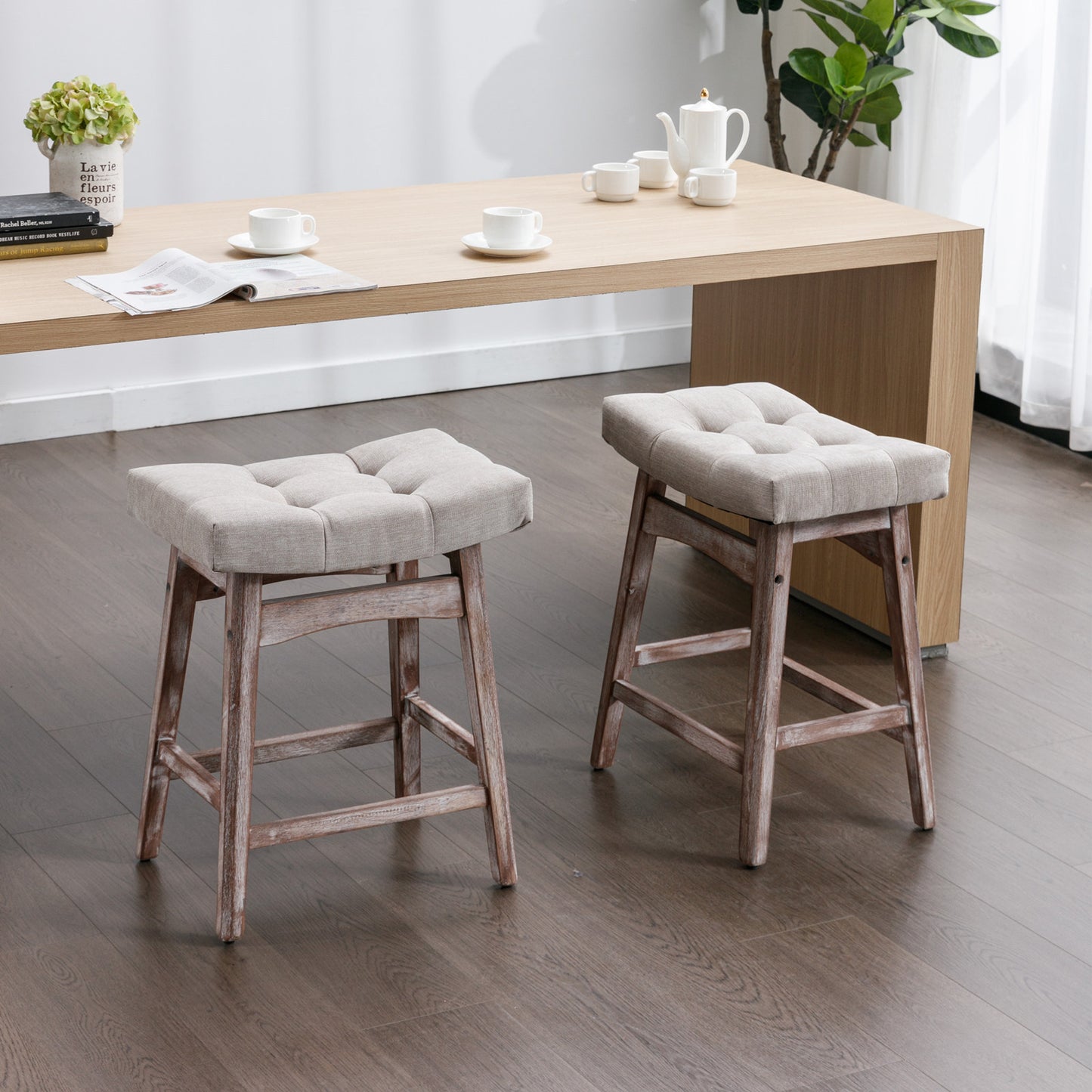 Farmhouse Counter Stools Height 25" -  Beige Set of 2
