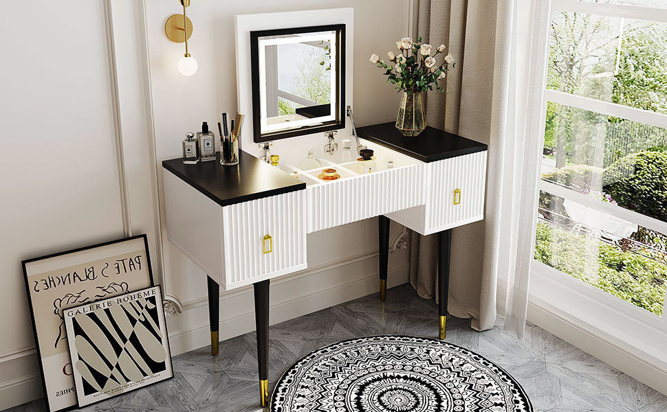 Marble Glow Makeup Vanities Table Set -   White and Black