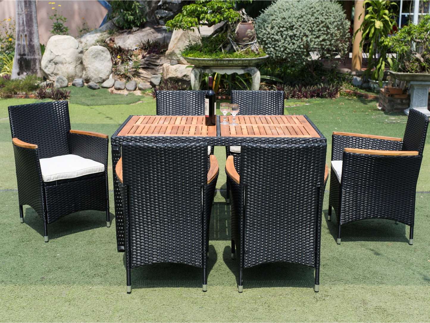Shavon 7 Pc Outdoor Patio Wicker Dining Sett - Black