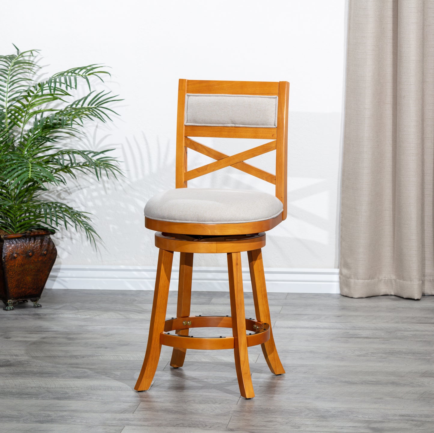 Counter Height X-Back Swivel Stool, Natural Finish, Beige Fabric Seat