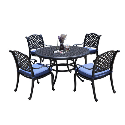 Neda 5 Pc 52" Aluminum Round Dining Set with Cushions - Navy Blue
