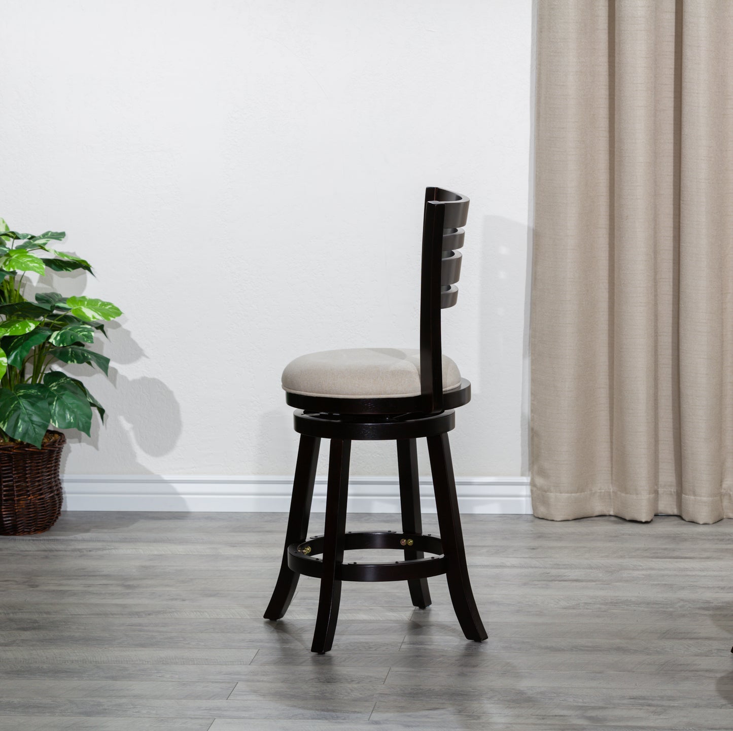 Counter Height Slat Back Swivel Stool, Espresso Finish, Beige Fabric Seat