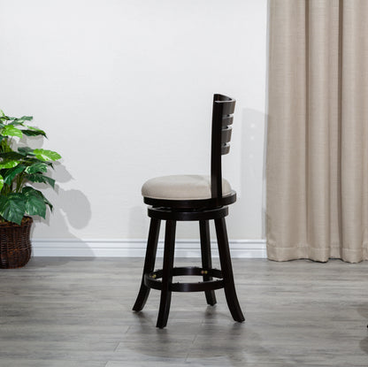 Counter Height Slat Back Swivel Stool, Espresso Finish, Beige Fabric Seat