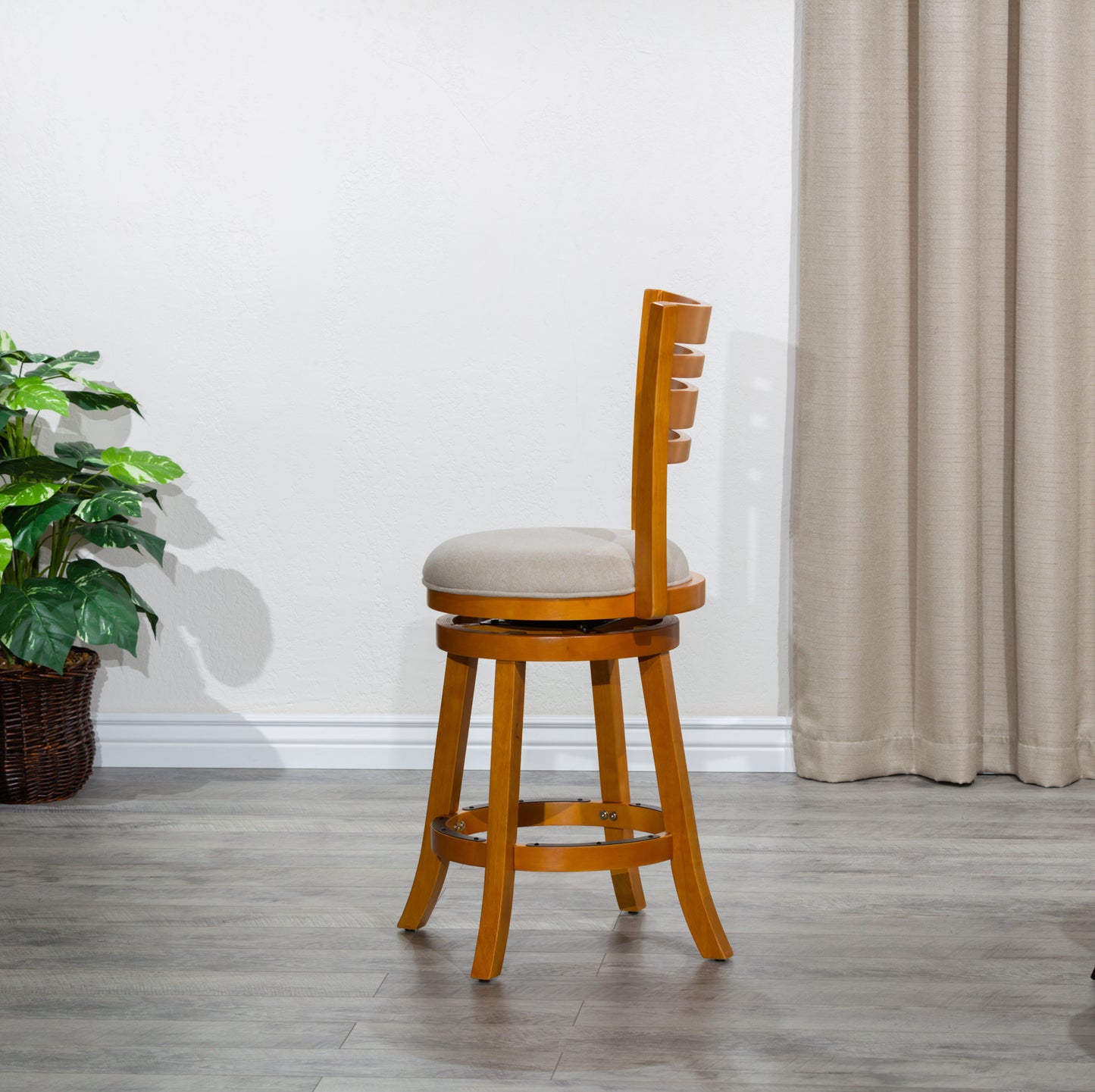 Counter Height Slat Back Swivel Stool, Natural Finish, Beige Fabric Seat
