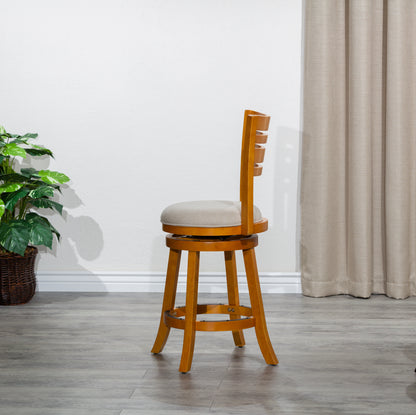 Counter Height Slat Back Swivel Stool, Natural Finish, Beige Fabric Seat