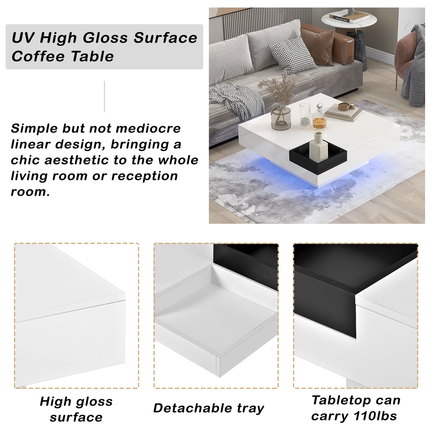 Square Coffee Table with Detachable Tray and LED Lights - White