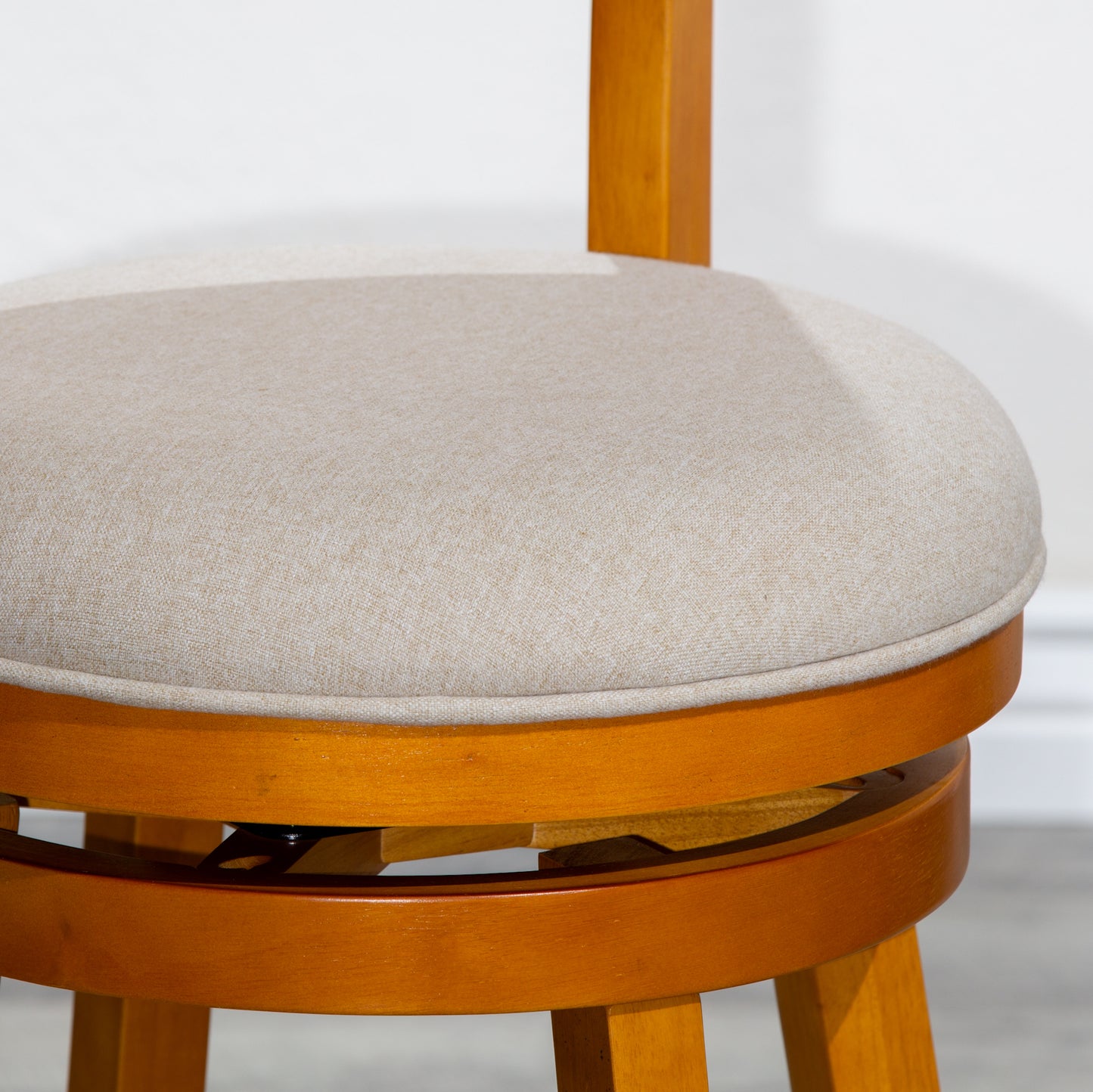 Counter Height Slat Back Swivel Stool, Natural Finish, Beige Fabric Seat