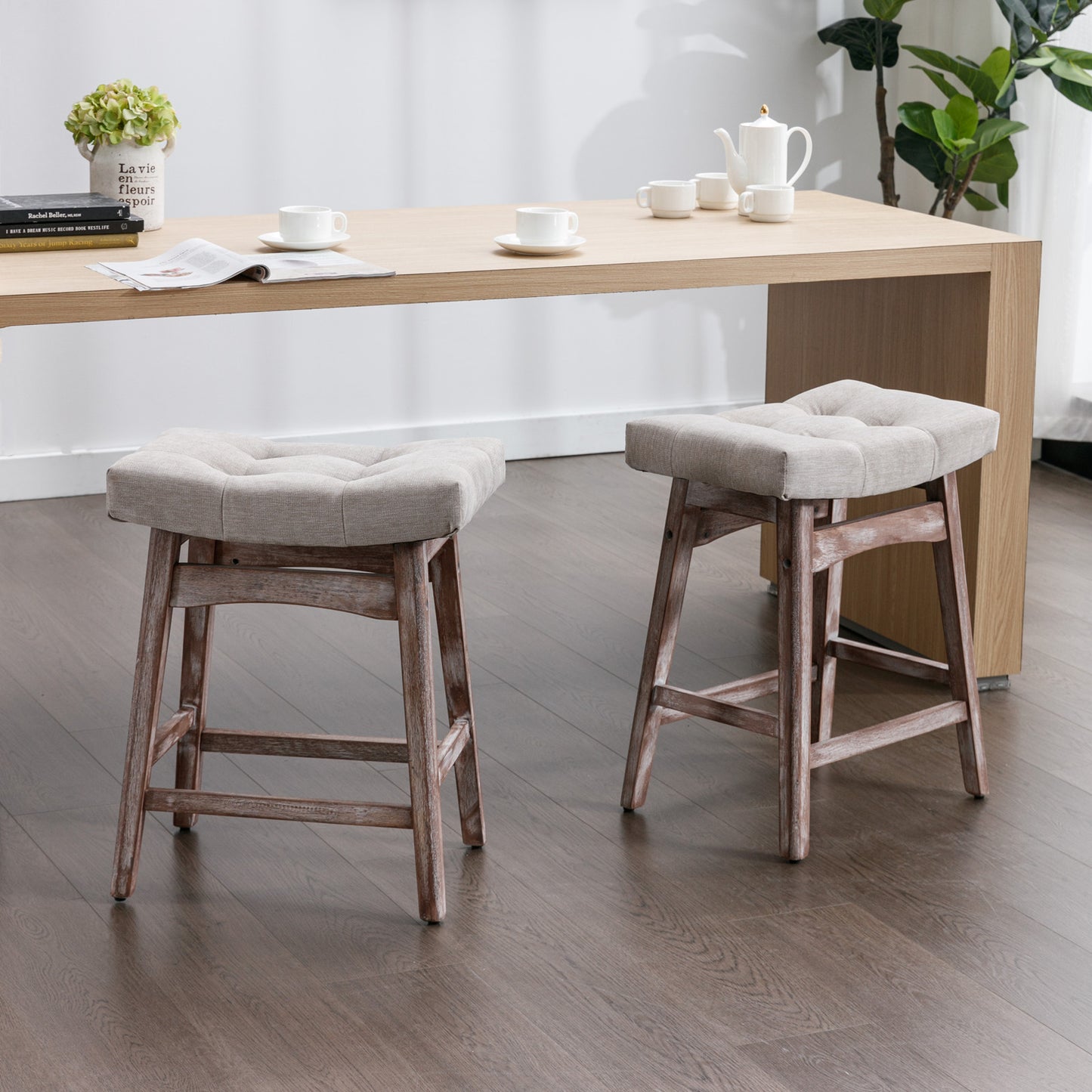 Farmhouse Counter Stools Height 25" -  Beige Set of 2