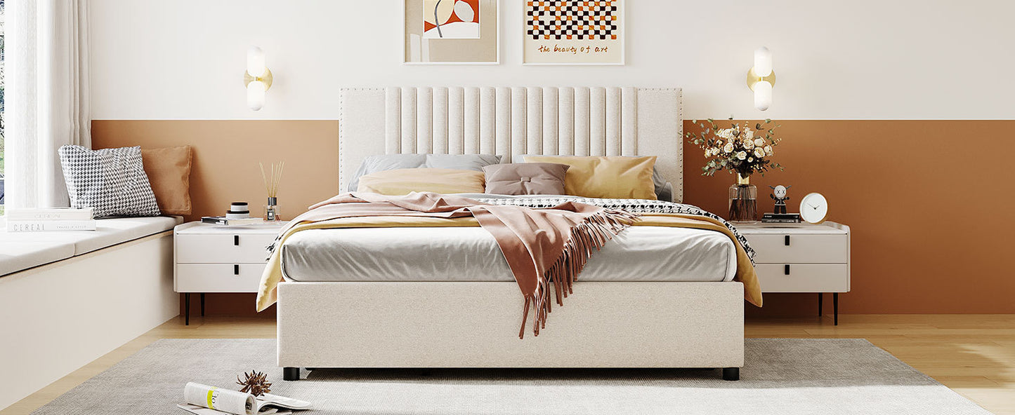 Novy Queen Size Platform Bed with Twin XL Size Trundle - Beige