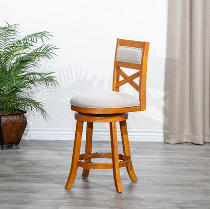 Counter Height X-Back Swivel Stool, Natural Finish, Beige Fabric Seat