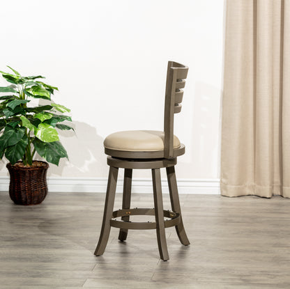 Counter Height Slat Back Swivel Stool, Weathered Gray Finish, French Gray Leather Seat