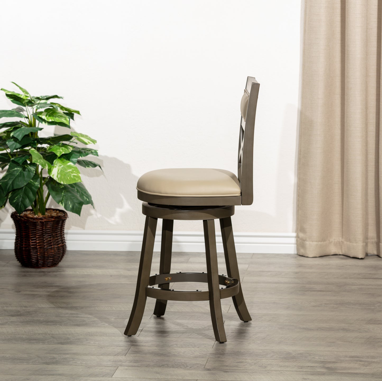 Counter Height X-Back Swivel Stool, Weathered Gray Finish, French Gray Leather Seat