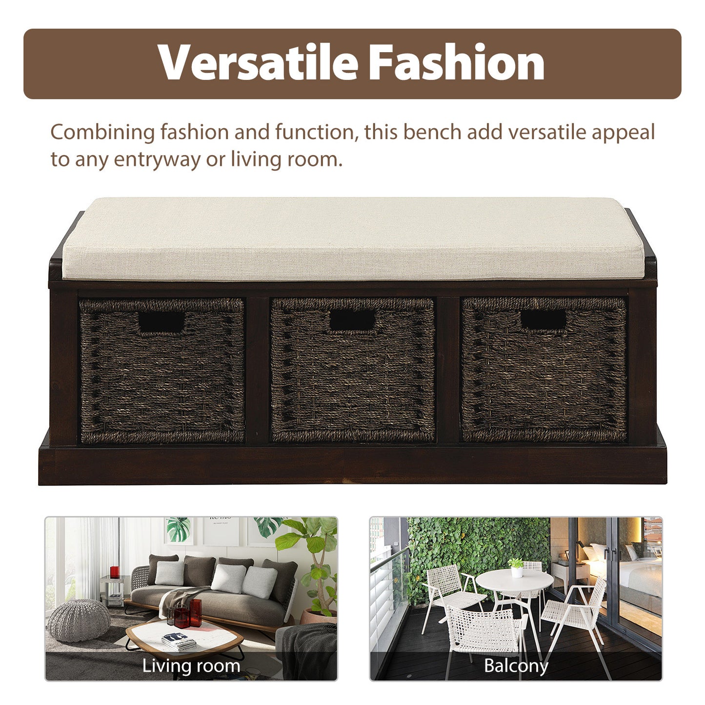 Bella Storage Bench with 3 Removable Classic Rattan Basket - Espresso
