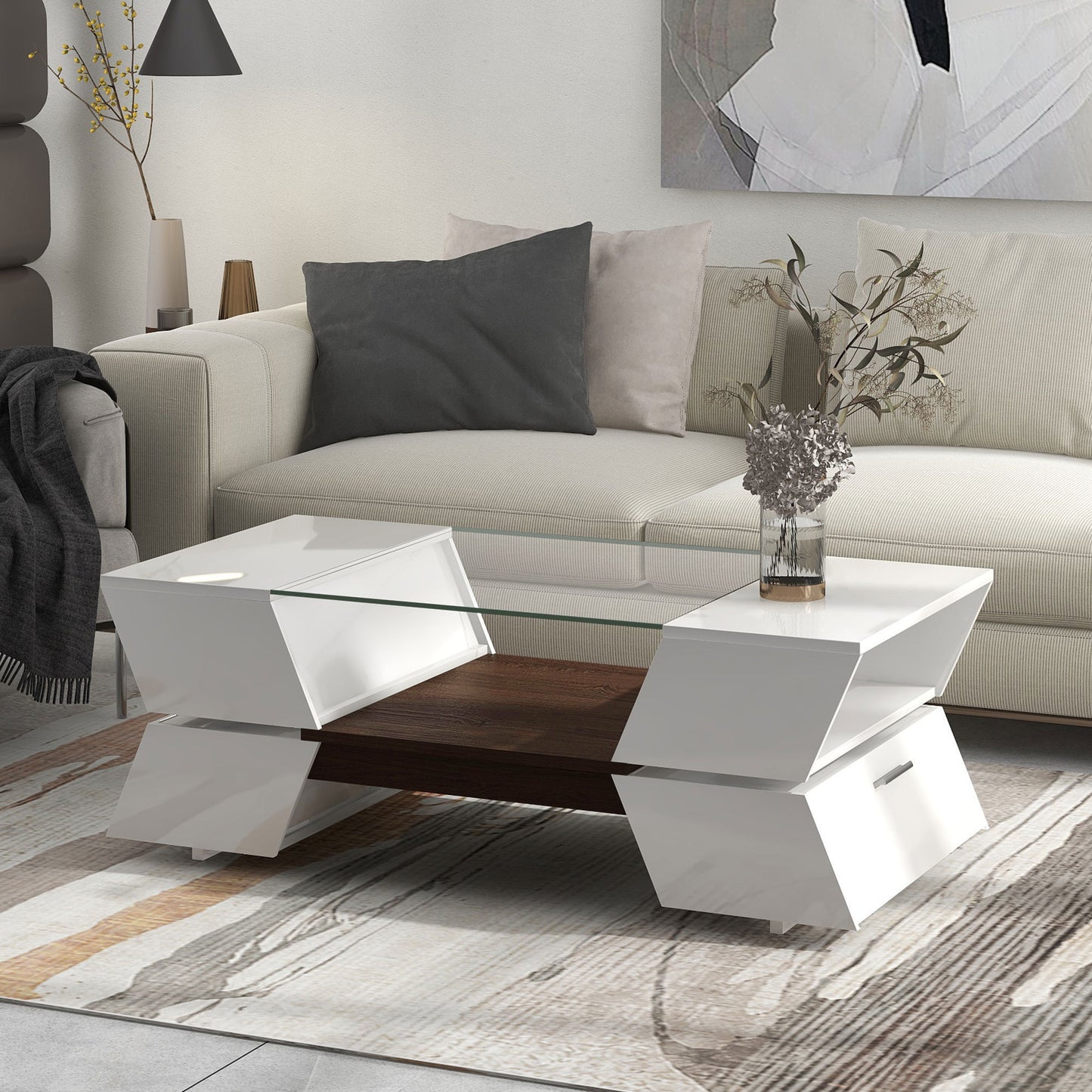 Geo Storage Glass-Top Coffee Table - White