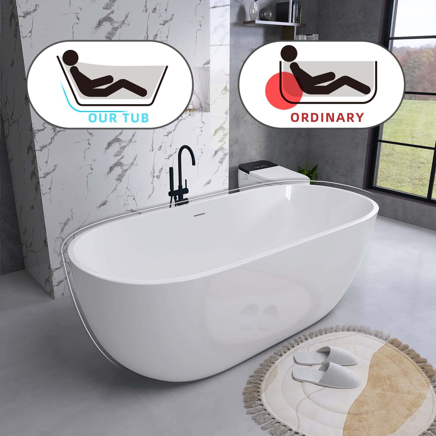 Hana 55" Oval Shape  Acrylic Freestanding  Soaking Bathtub - Gloss White