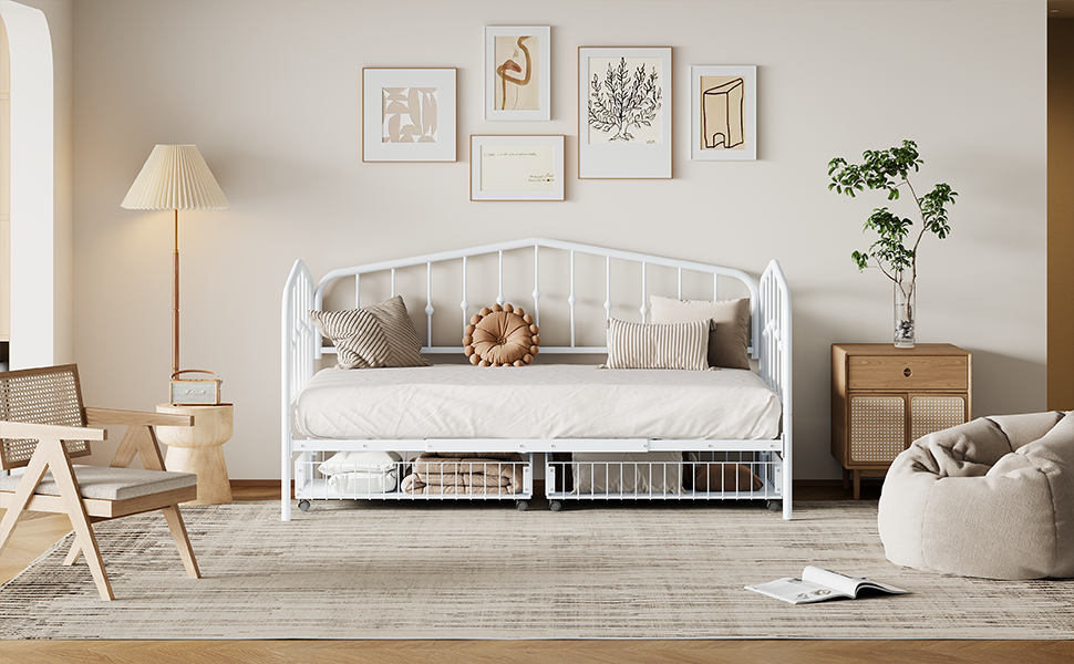 Zee Twin Size Metal Daybed with 2 Drawers - White