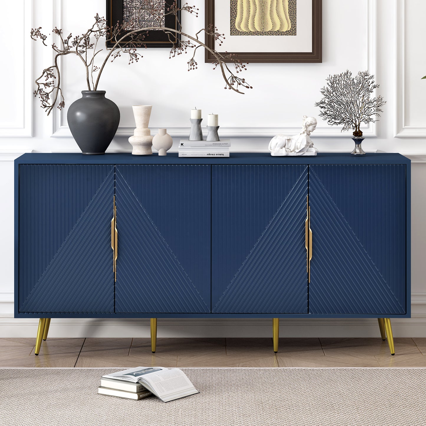 Aida Wave Geometric Design Sideboard Buffet - Navy Blue