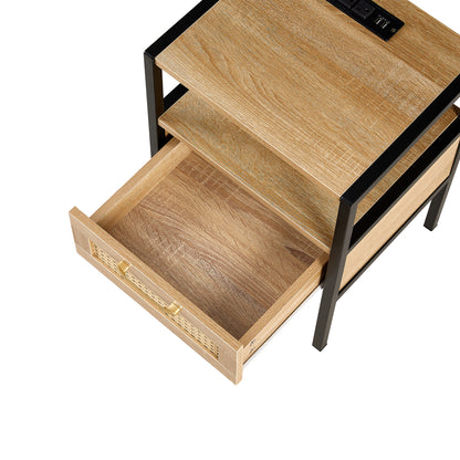 Mena II Rattan Nightstand  with Power Outlet & USB Ports ( Set of 2) - Natural