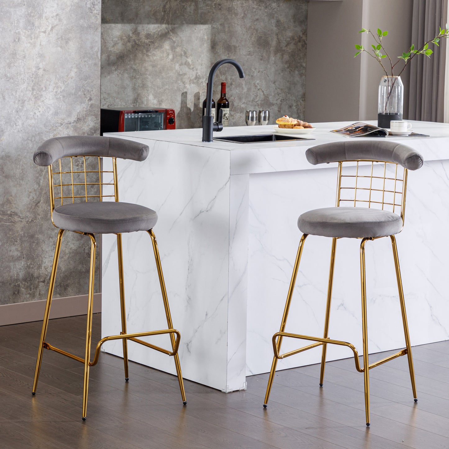 Retro Luxury Velvet  High Bar Stool  - Gray Set of 2