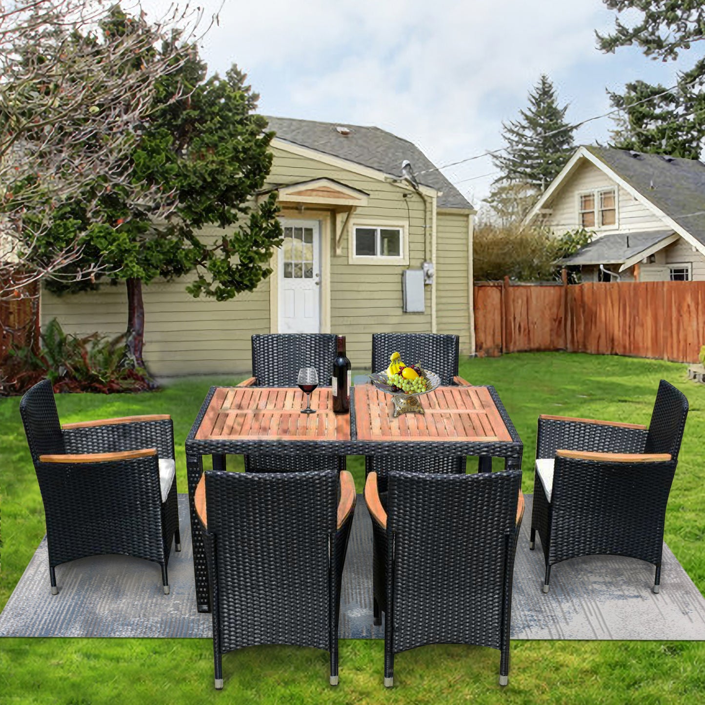 Shavon 7 Pc Outdoor Patio Wicker Dining Sett - Black