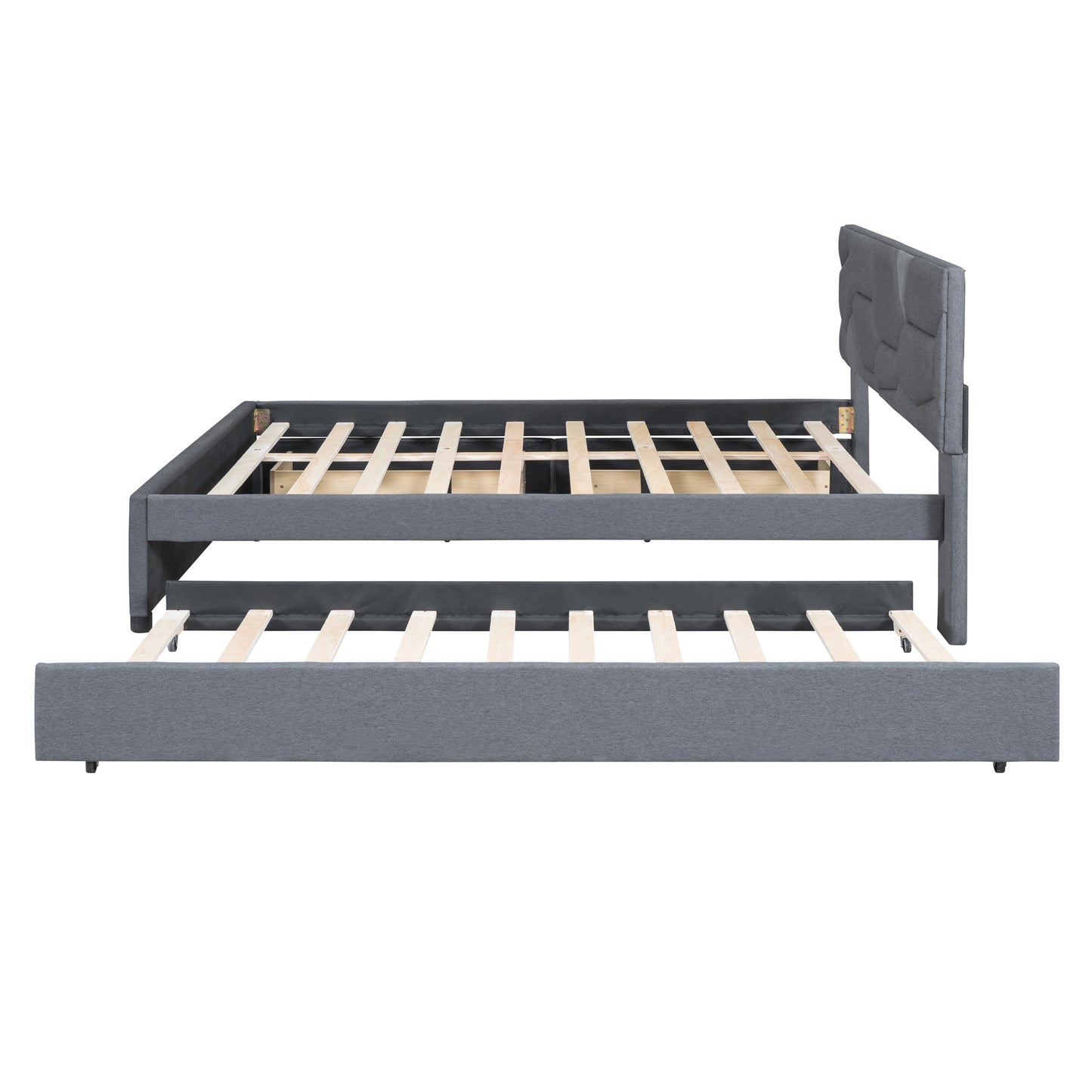 Brick Queen Size Platform Bed with 2 drawers and Twin Size Trundle - Gray