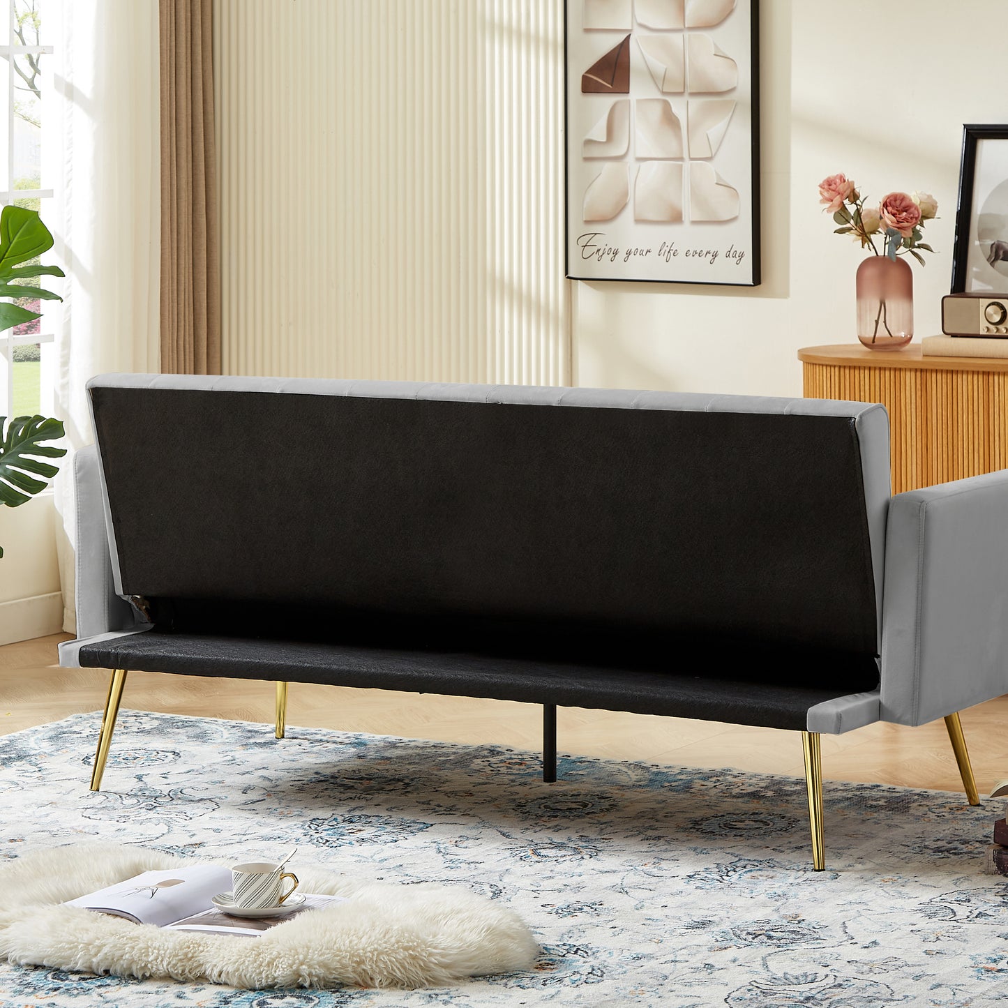 NX Convertible Velvet Sofa Bed with Metal Leg - Grey