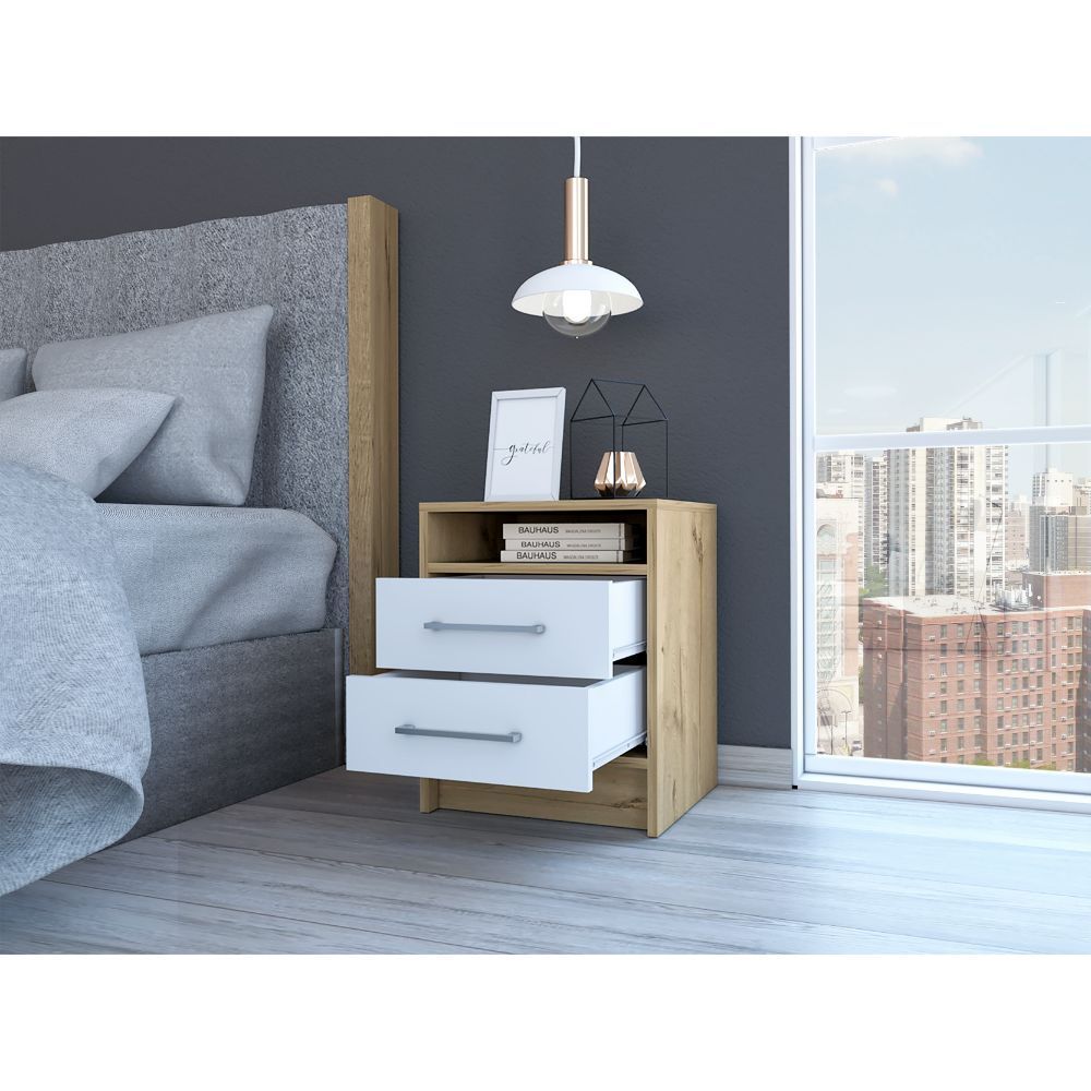 Eter Nightstand Two Drawers - White / Light Oak