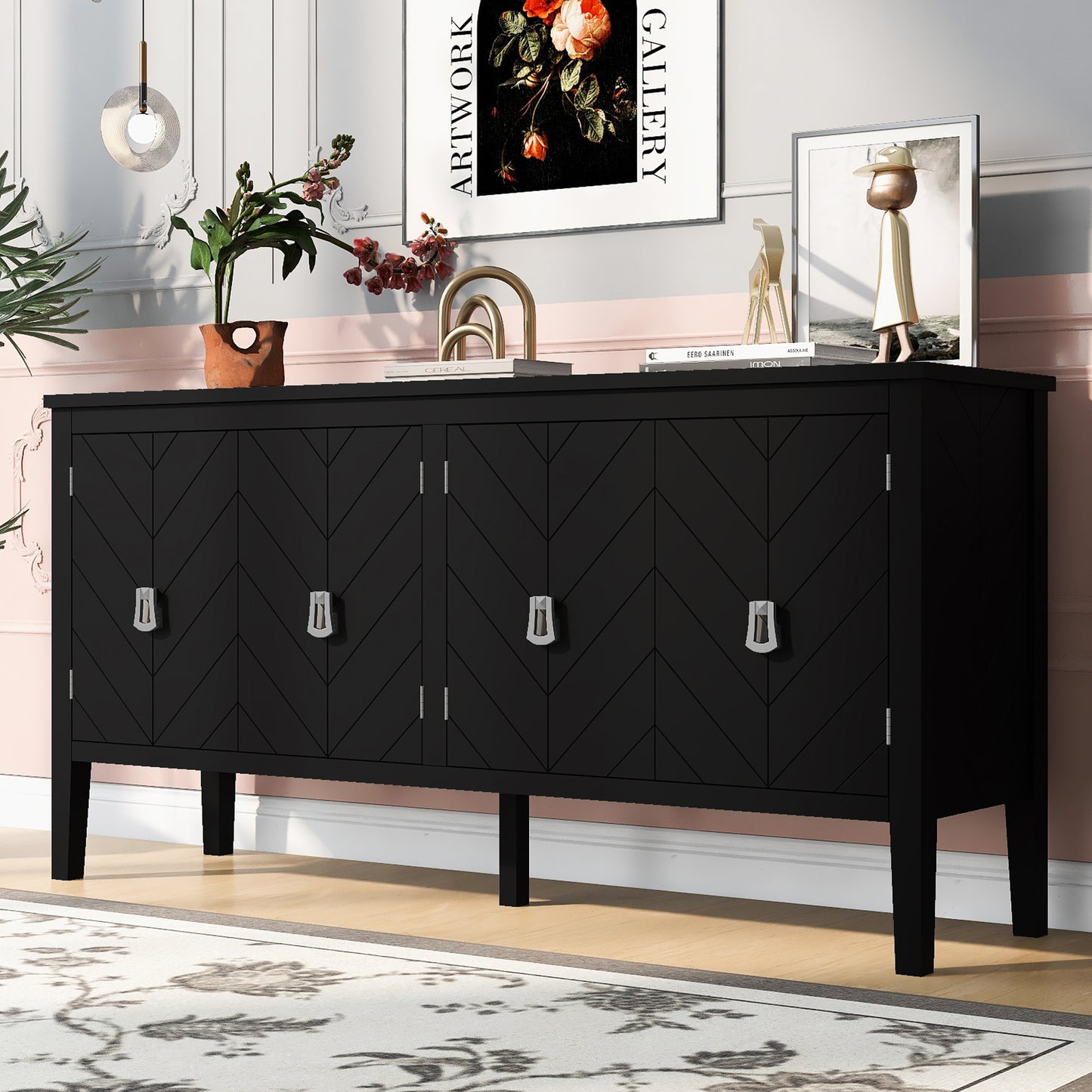 Briony Geometric Line Patterns Sideboard Buffet - Black