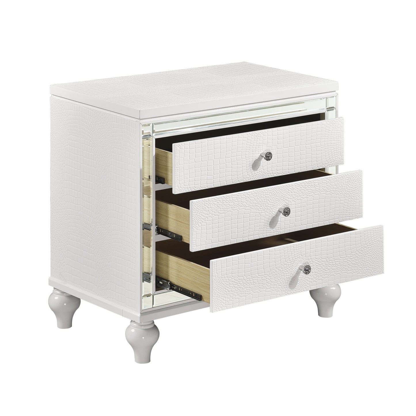 Ken II Glamorous Metallic Nightstand of 3x Drawers  Faux Alligator Embossed Front - White
