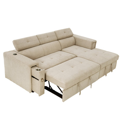 Tumic Pull-Out Sofa Bed L-Shape Sectional Sofa - Beige