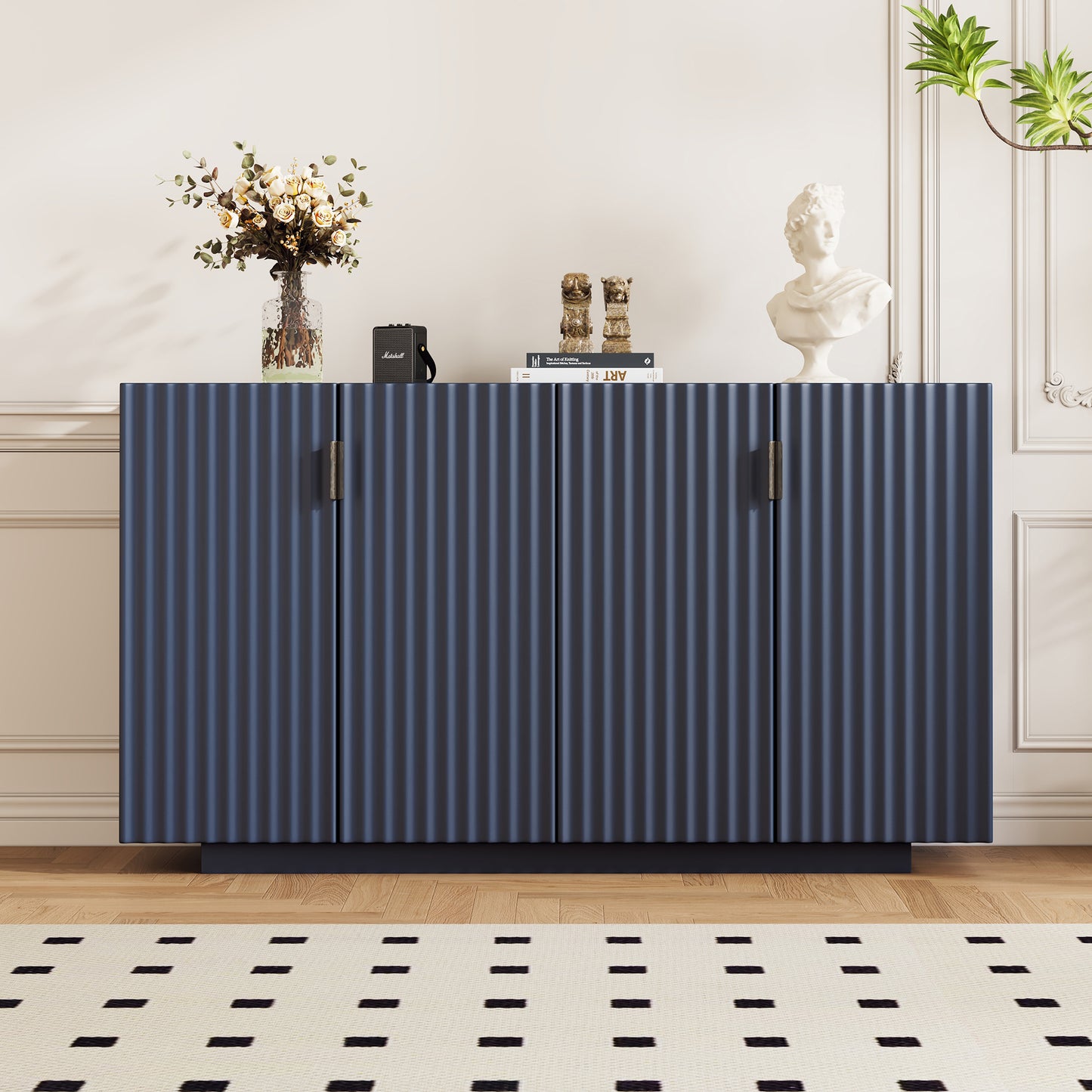 Lyons 4 Wavy Doors Ample Storage Space Sideboar - Navy Blue