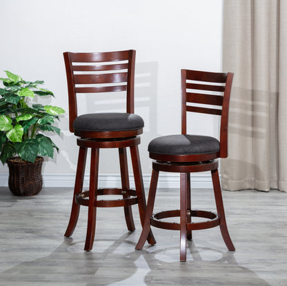 Counter Height Slat Back Swivel Stool, Cherry Finish, Charcoal Fabric Seat