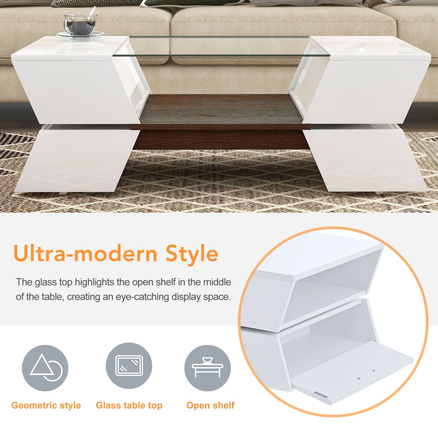 Geo Storage Glass-Top Coffee Table - White