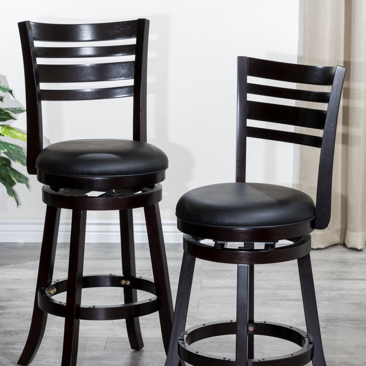 Counter Height Slat Back Swivel Stool, Espresso Finish, Black Leather Seat