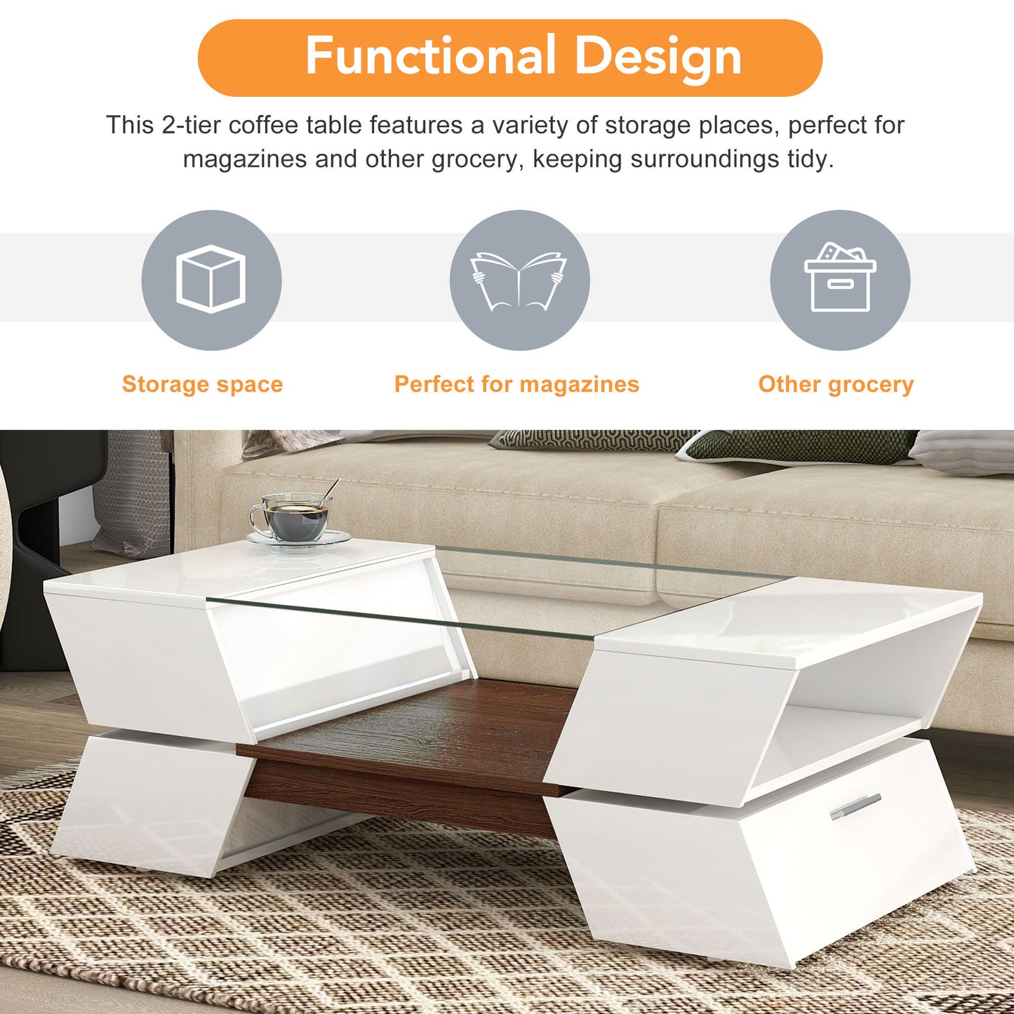 Geo Storage Glass-Top Coffee Table - White