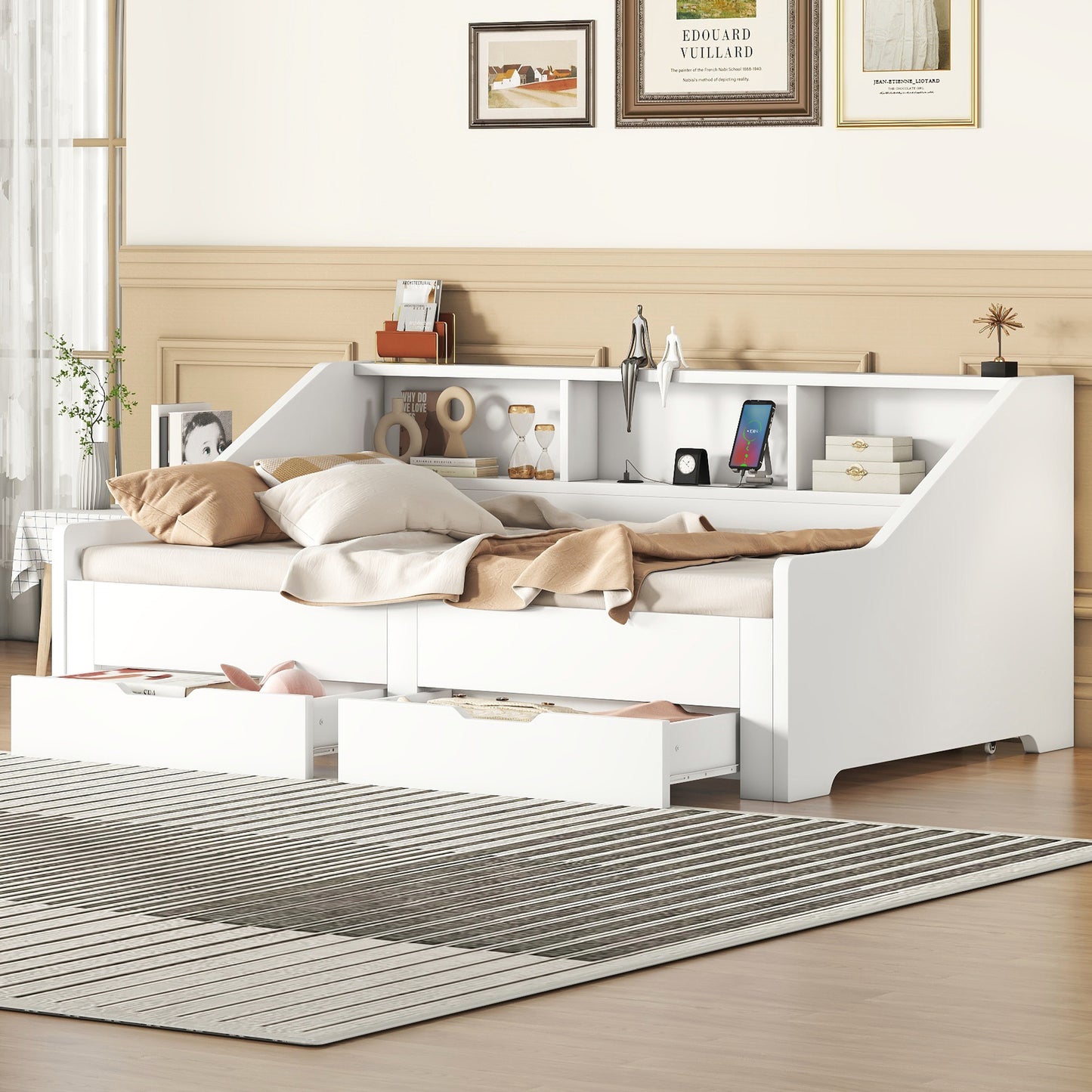 Zion Twin to King Size Daybed  with Storage Bookcases - White