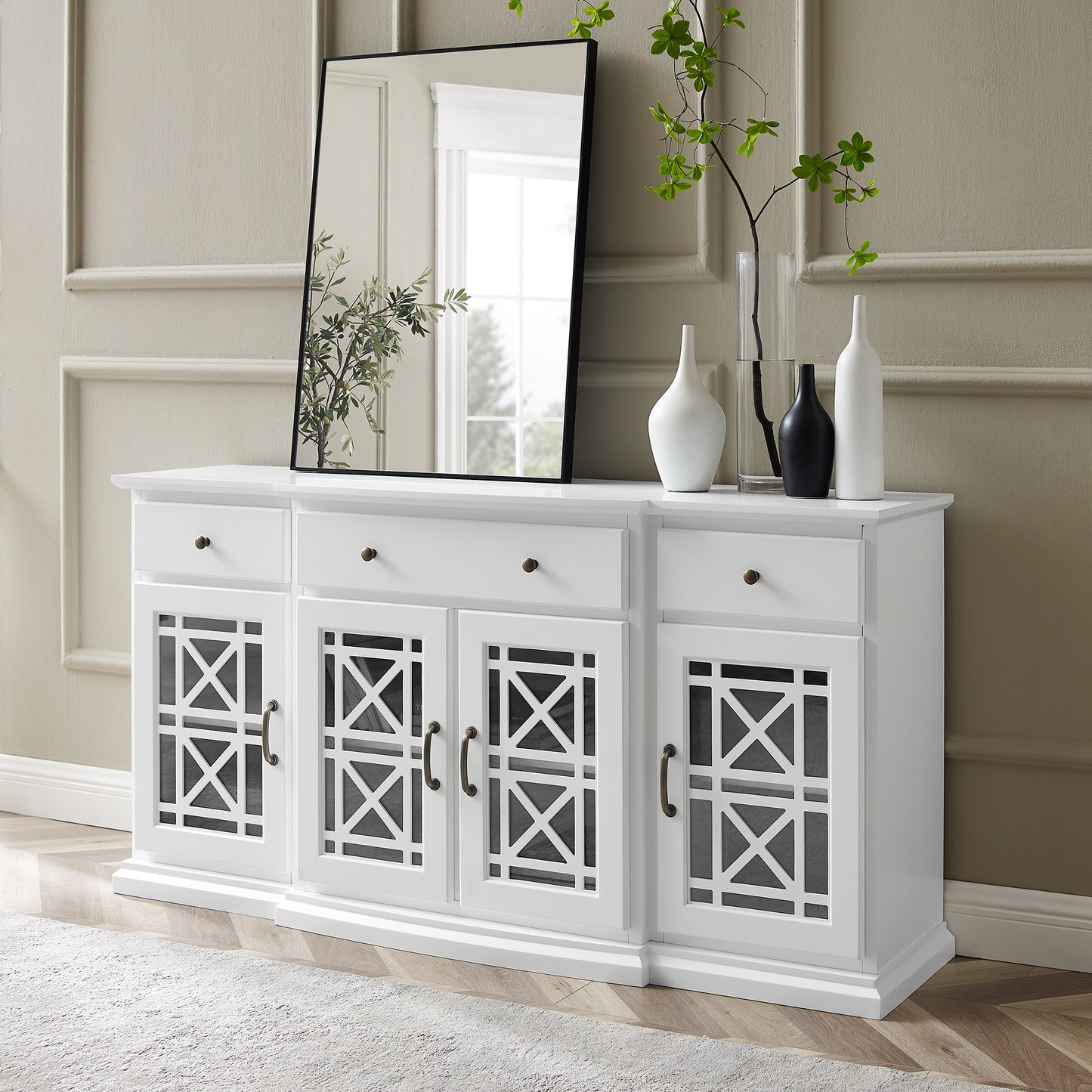 Classic Fretwork Detailed Glass-Door Sideboard - White