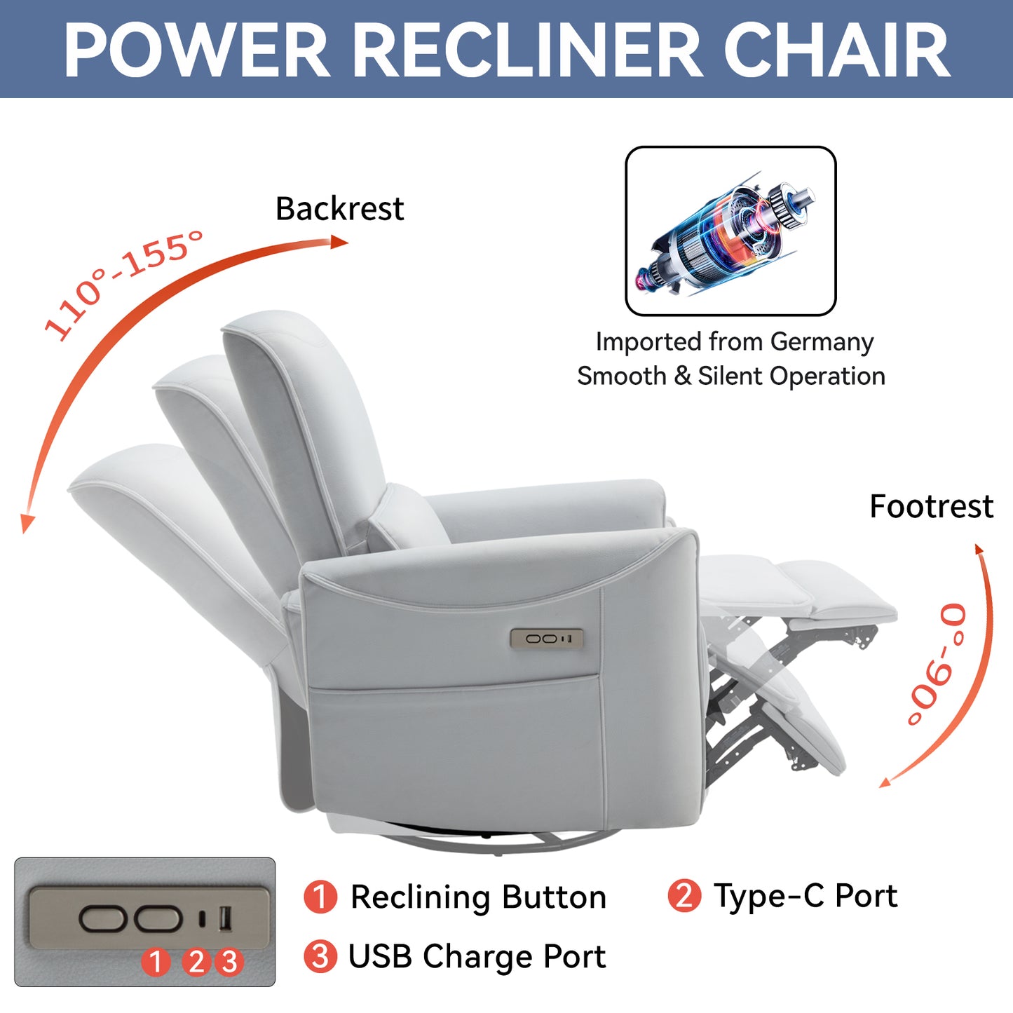Spencer Swivel and Rocker Power Recliner Chair - White