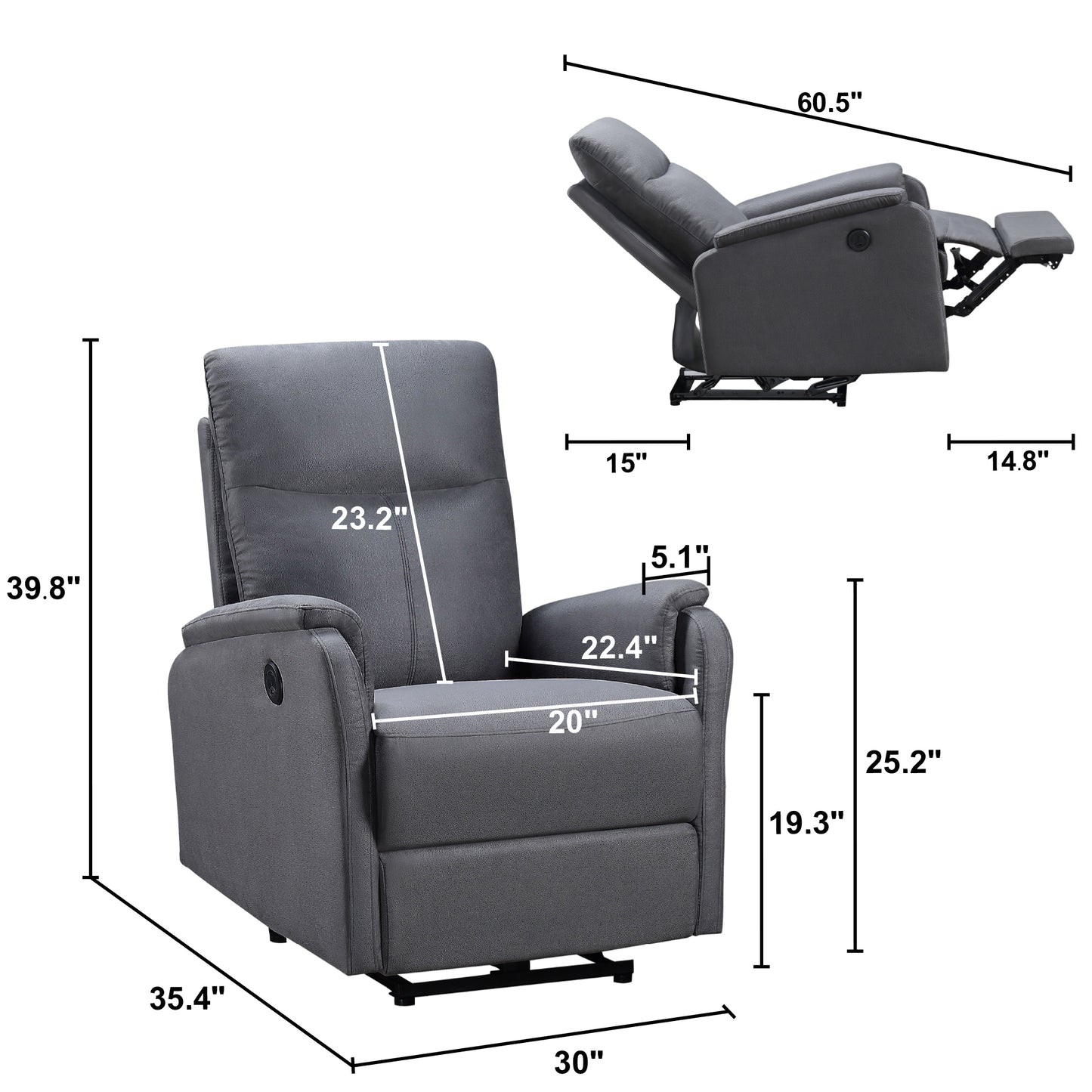 Brooks Power Recliner Chair with USB Charge port - Gray