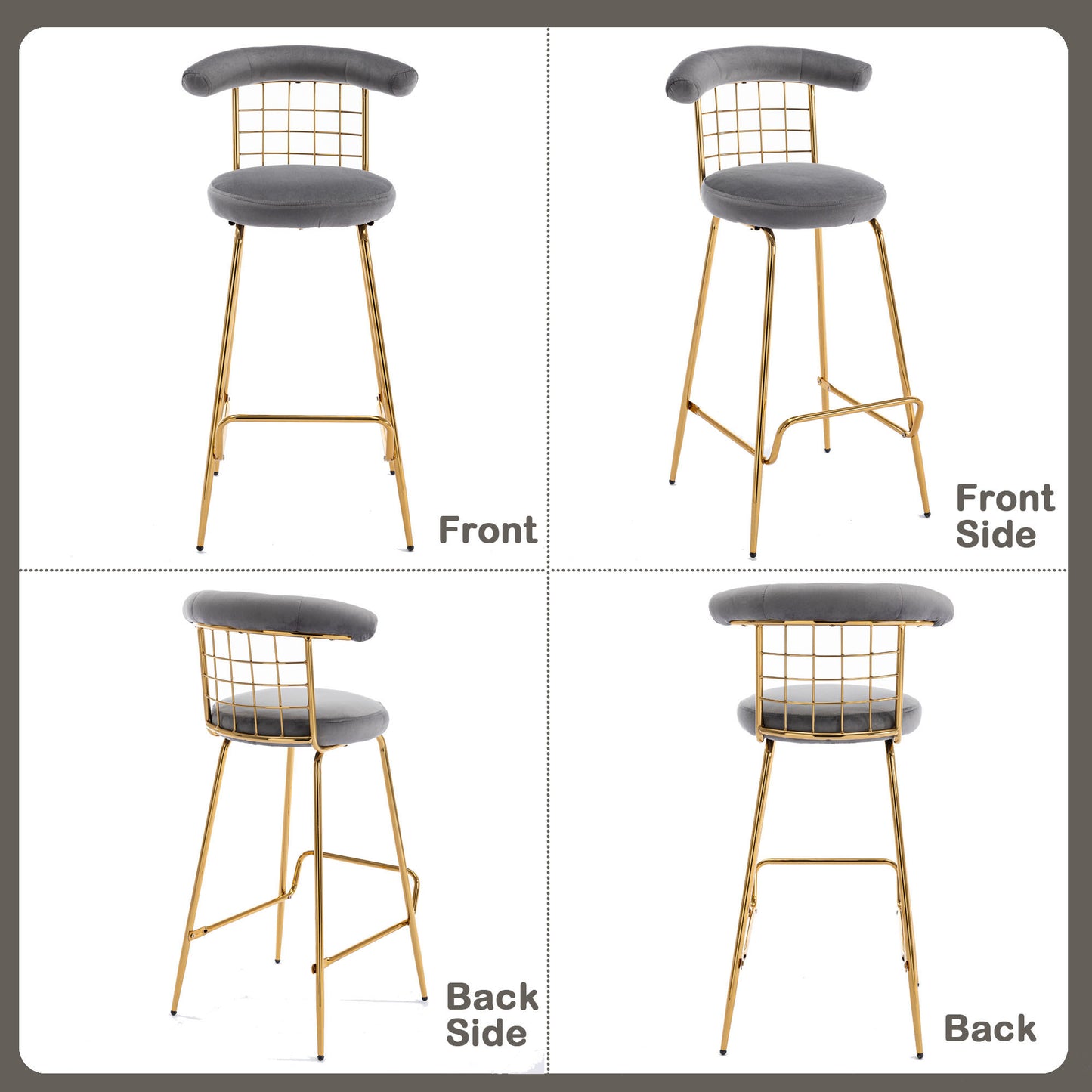 Retro Luxury Velvet  High Bar Stool  - Gray Set of 2