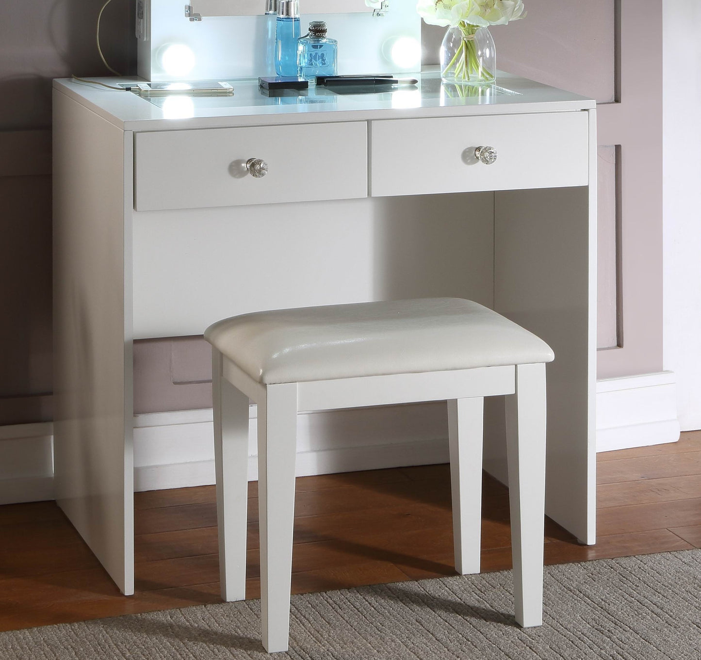 Skyla Makeup Vanity and Stool Set with 10 Lights - White