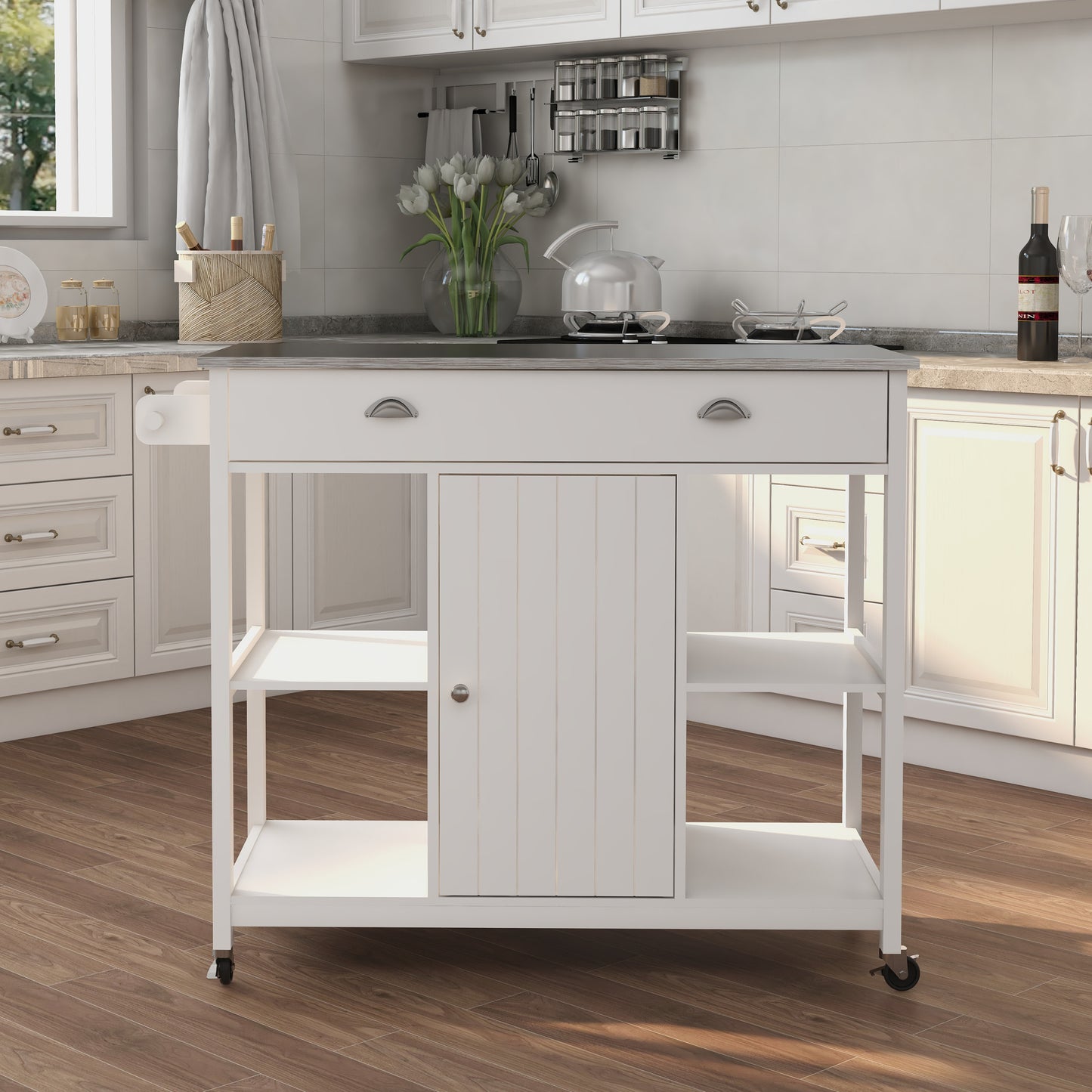 Oliver Stainless Steel Countertop white Kicthen Cart