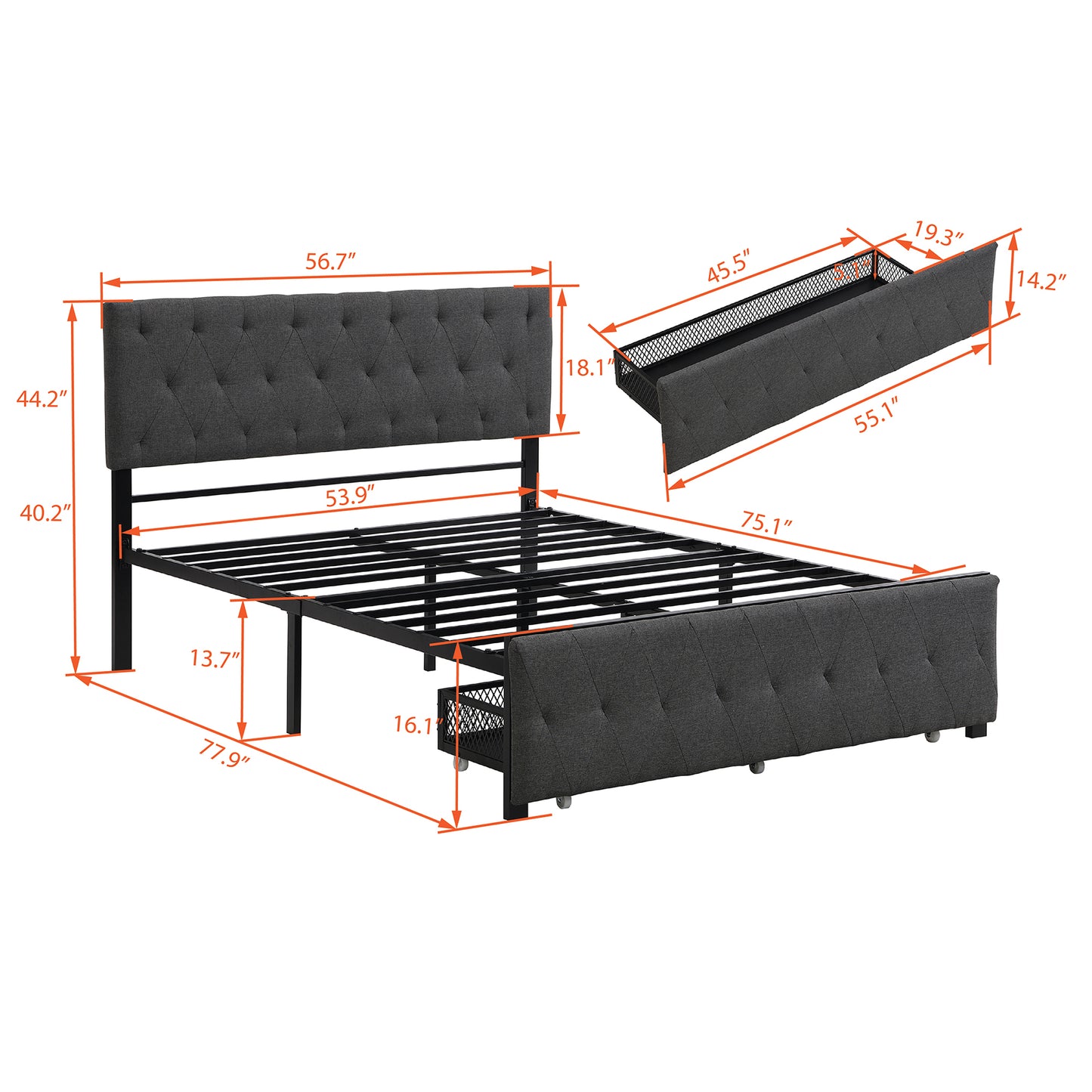 Apex Full Size Storage Bed Metal Platform Bed with Drawer - Gray