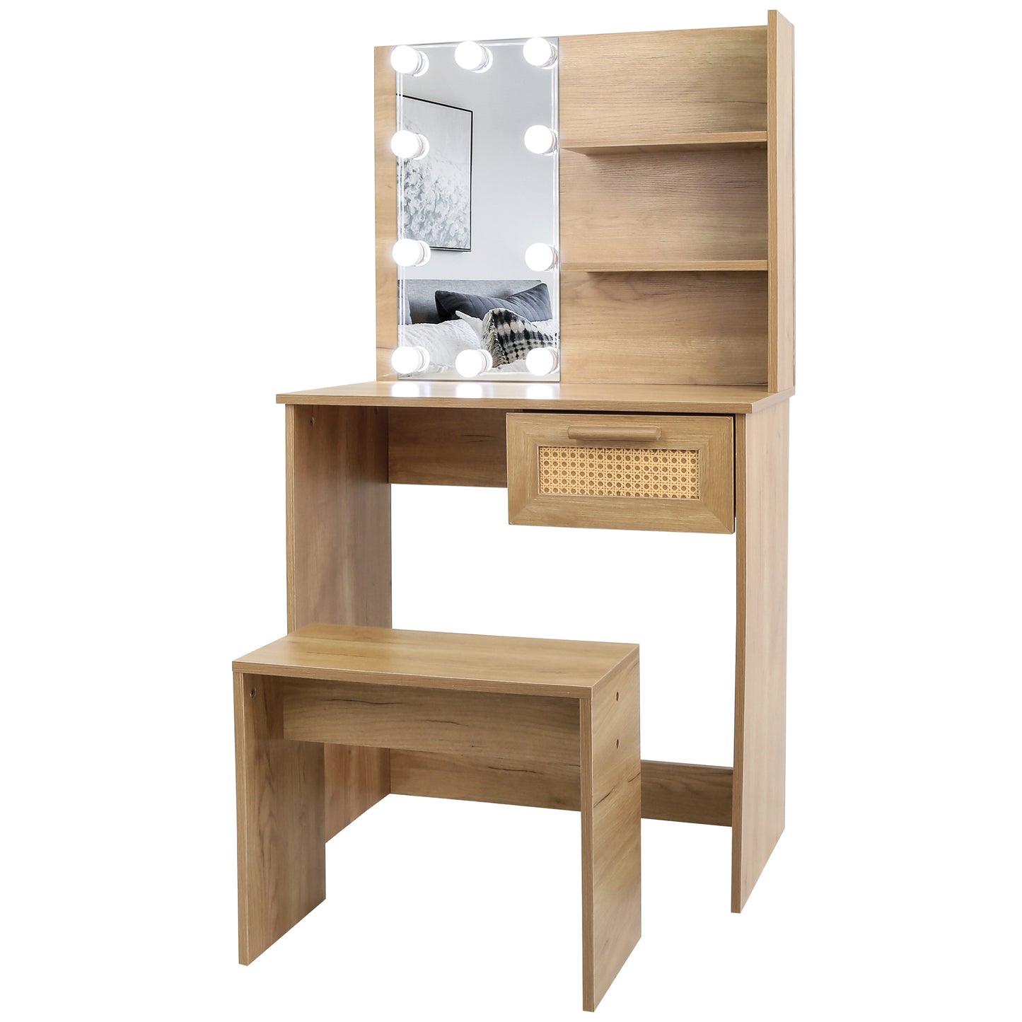 Brooks II Vanity Desk Set With LED Lighting Mirror - Natural