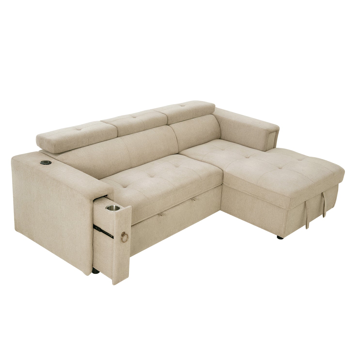 Tumic Pull-Out Sofa Bed L-Shape Sectional Sofa - Beige